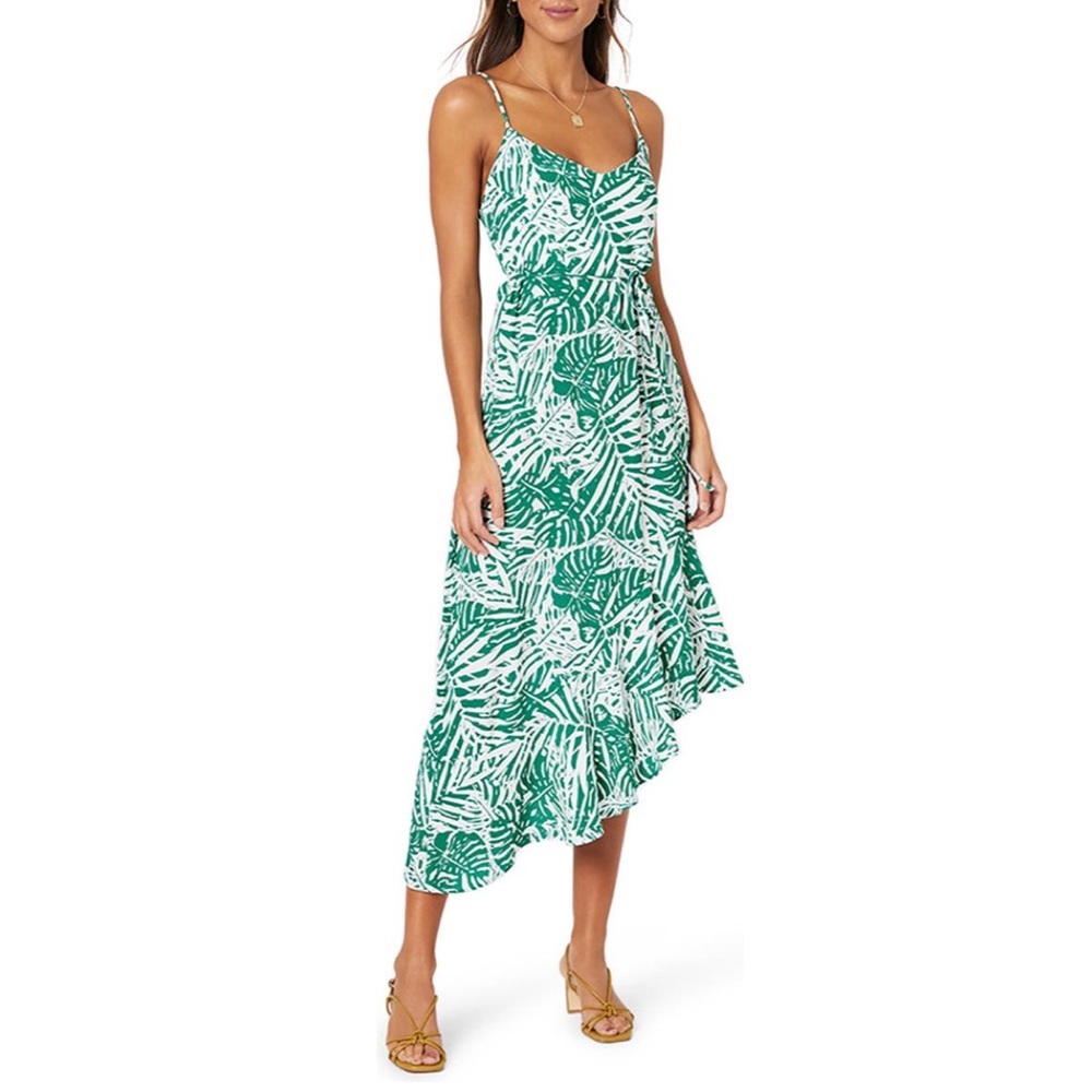 Worn Once • Mink Pink Asymmetrical Green Tropical Dress